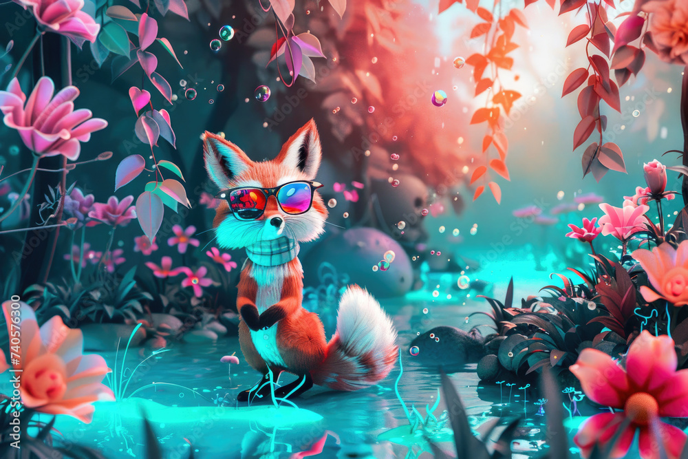 A playful, animated animal in a vibrant digital world