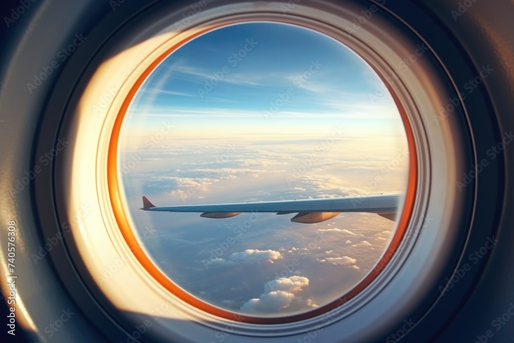 Image of an airplane wing seen through a window. Suitable for travel concepts