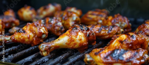 Chicken wings are currently being grilled on an outdoor grill, as part of a delicious recipe in the process of cooking