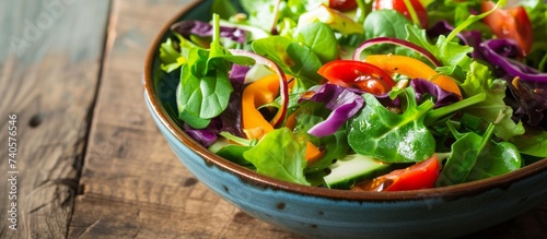 A leafy green salad sits in a wooden bowl on a rustic table, showcasing a blend of fresh ingredients from the plant kingdom