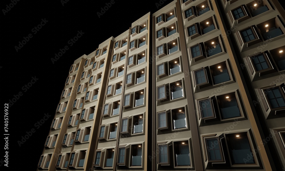 Window and balcony hotel at night scene 3d render wallpaper background