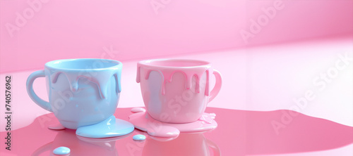 A splash and flowed of colorful liquid in a bowl, a cup. An explosion of paint, ink. An immersive, abstract background. 3D rendering. Pastel pink blue concept. art object