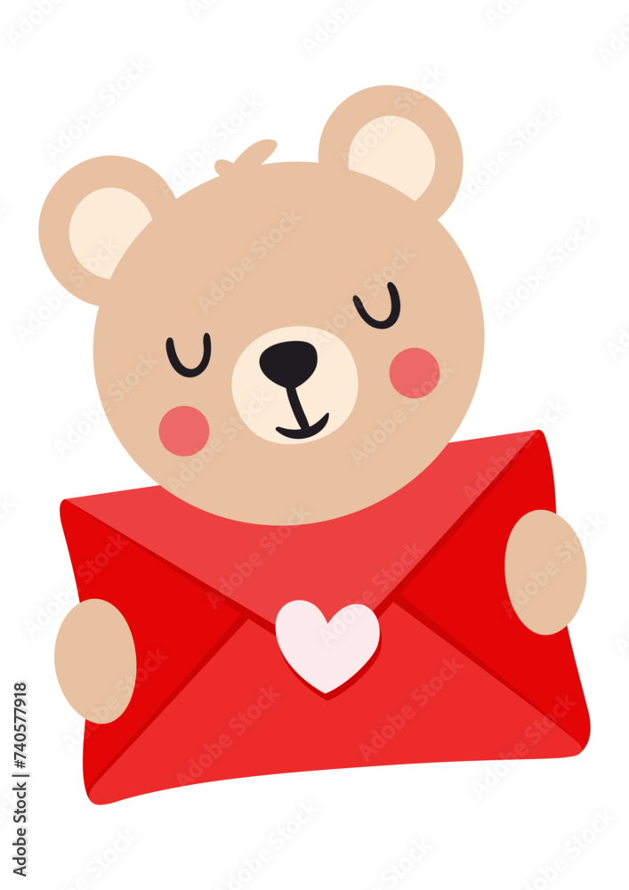Obraz premium Loving teddy bear holding a valentine letter envelope