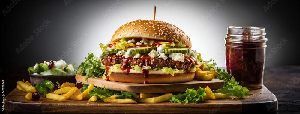 Top view Food image of a burger with full of vegetables and meat in white background  