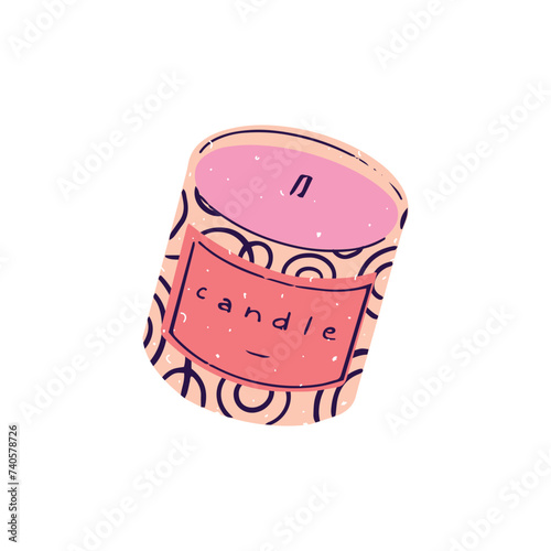 Handmade round pink aroma candle. Aromatic organic wax with wick in jar. Cute home decor element. Cozy interior decoration for romantic aesthetic. Flat isolated vector illustration on white background