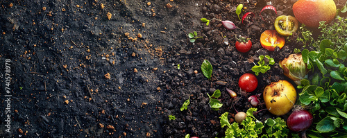 Compost and composted soil in the form of a compost heap from rotting kitchen scraps with fruit and vegetable scraps processed into organic soil for fertilizer as a composite photo