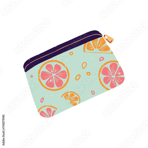 Small toiletry bag with fruit print. Patterned makeup pouch. Cosmetics case is closed on zipper for skincare, bodycare products. Beauty routine. Flat isolated vector illustration on white background