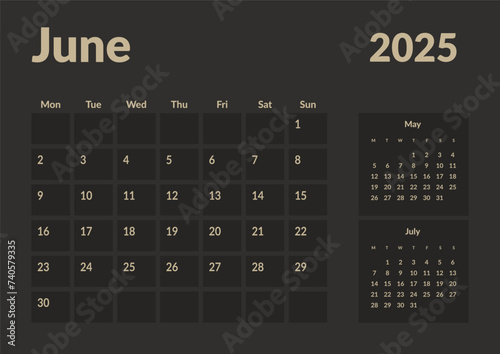 Monthly page Calendar Planner Templates of June 2024. Vector layout of simple calendar with week start Monday for print. Page for size A4 or 21x29.7 cm in dark color