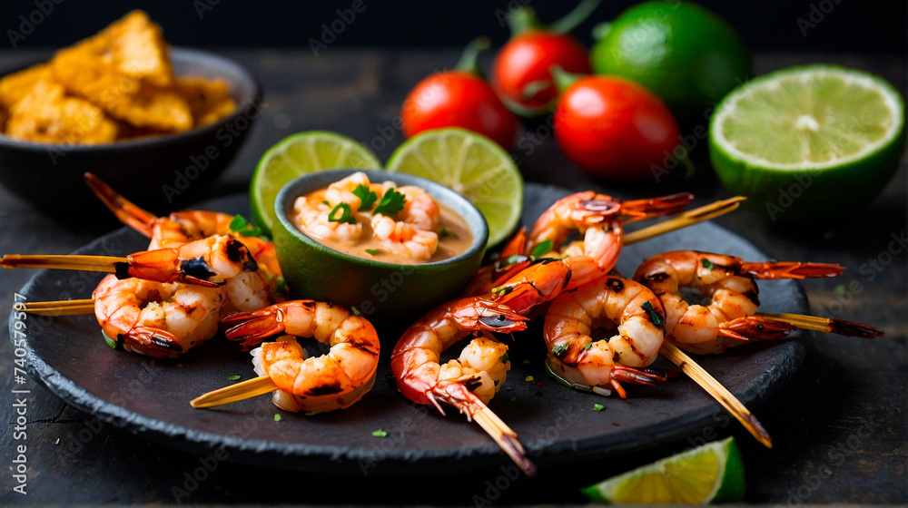 grilled shrimp with sauce. Selective focus. grilled shrimp with sauce. Selective focus.