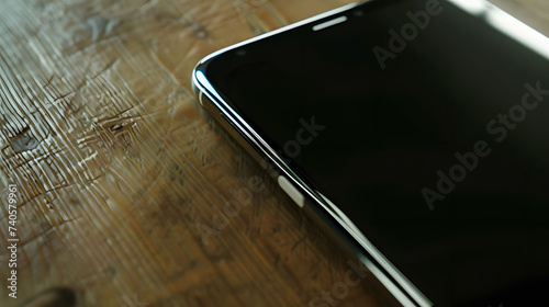 close up black screen smartphone on wooden table surface, business, bokeh photo