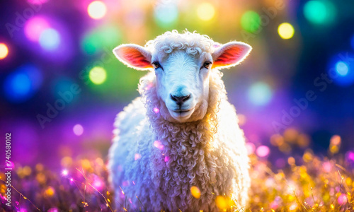 sheep on neon festive background. Selective focus.