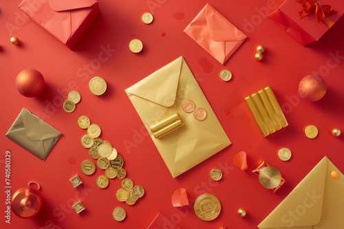 Holiday Lunar New Year, Spring Festival design with Red background and Realistic gold bars, iron coins, paper envelopes, letters and envelopes. China's Holiday Flat Lay top view.