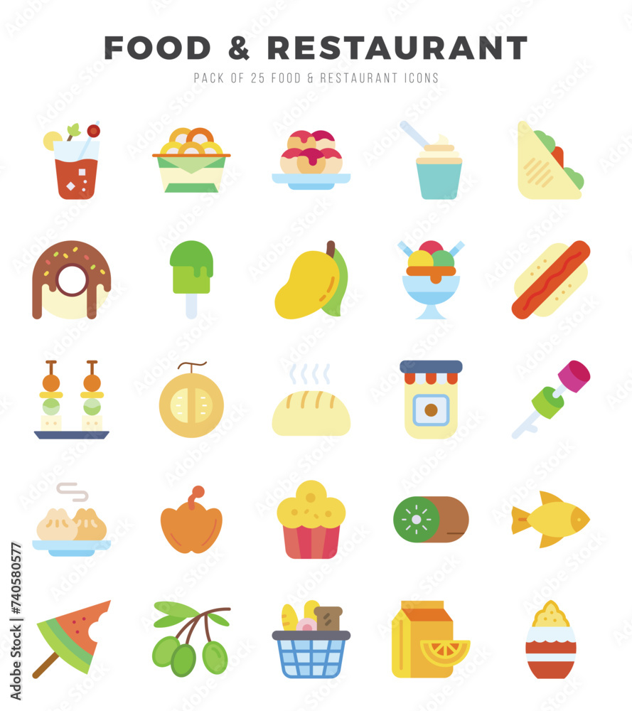 Set of Food and Restaurant icons in Flat style. Flat Icons symbol collection.