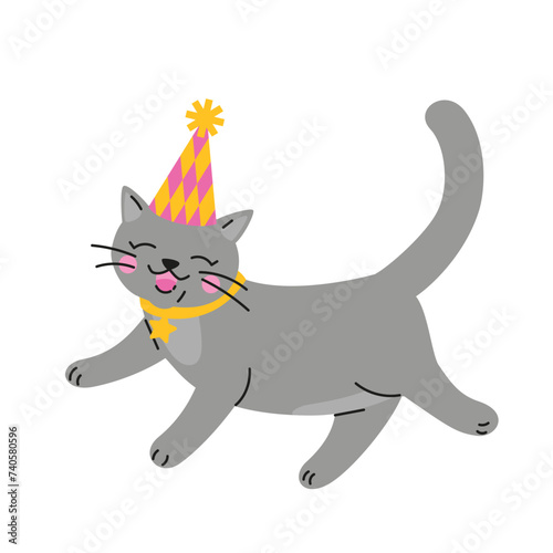 Cute cartoon grey cat wears party hat. Running happy kitten. Hand drawn vector illustration. Funny Birthday party character card template.