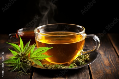 Cannabis infused tea in a cup with rising steam, ideal for text addition in a serene setting