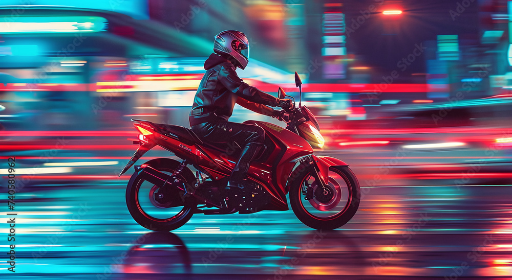 Motorcyclist rides down the street in the city at night