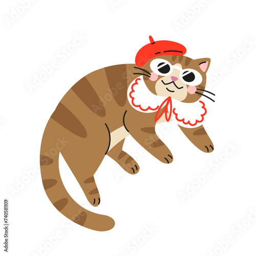 Cute cartoon brown cat with red beret, sunglasses and white collar. Stylish tabby kitten. Hand drawn vector illustration. Funny cool pet character card template.