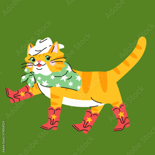 Cute cartoon orange cat with white hat, green scarf and red cowboy boots. Hand drawn vector illustration. Cool pet character card template.