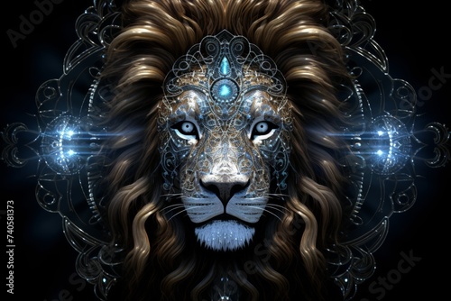 Astrological zodiac sign leo shining in blue on black background, horoscope and astrology concept.