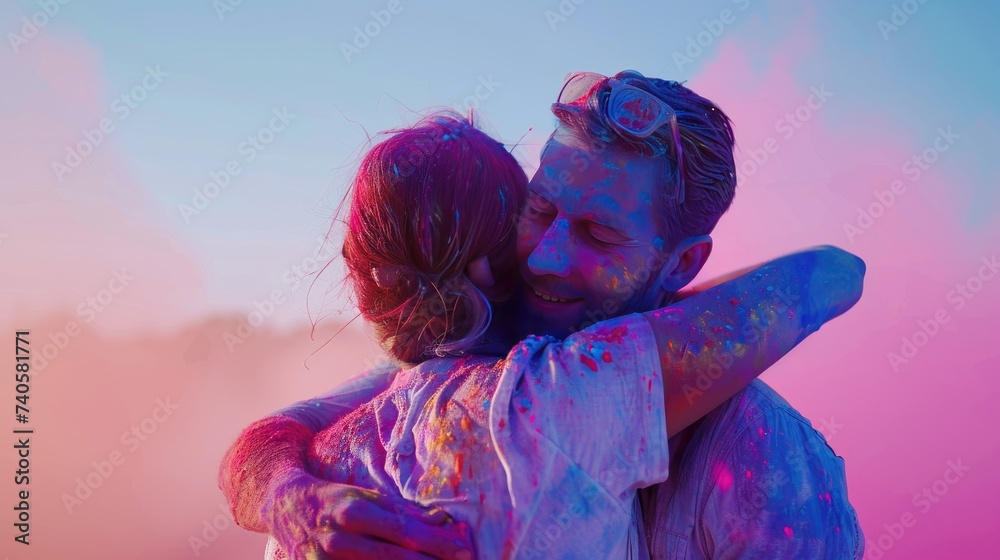 Colorful Embrace at Holi Festival, Joyful Couple Celebrating Love ...