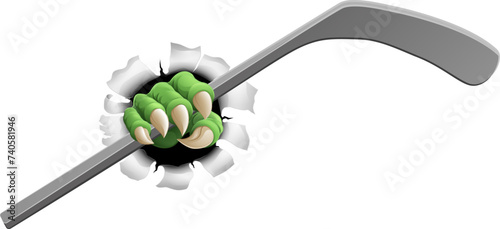 An ice hockey claw sports illustration of an eagle or animal monster hand holding a hockey stick