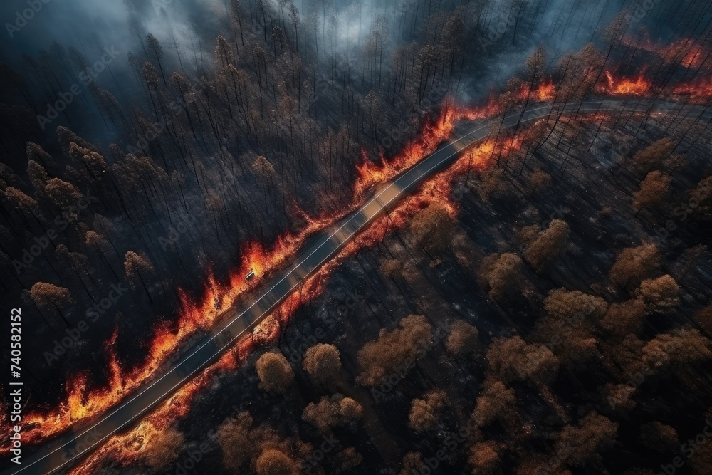 Hot summer weather with extreme fire in forests, aerial view over car road Generative Ai. - obrazy, fototapety, plakaty 