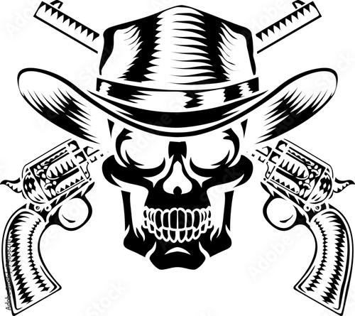 A cowboy grim reaper skull wearing a country or western style hat with pirate cross bones of guns or pistols old vintage revolvers