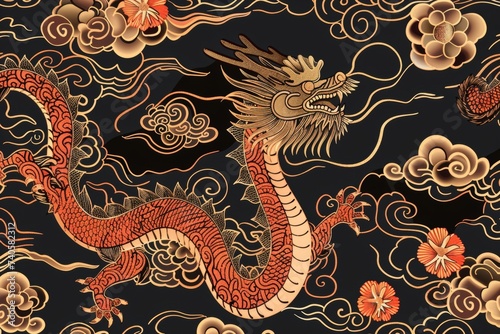 An elegant Chinese New Year illustration that can be used for a cover, banner, website or calendar. Year of the dragon design with cloud, wind, flower and pattern.