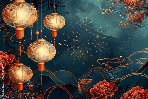 Year of the Dragon 2024 card background . Chinese pattern, golden lantern, firework. Elegant oriental illustration for a cover, banner, website, calendar, or envelope.