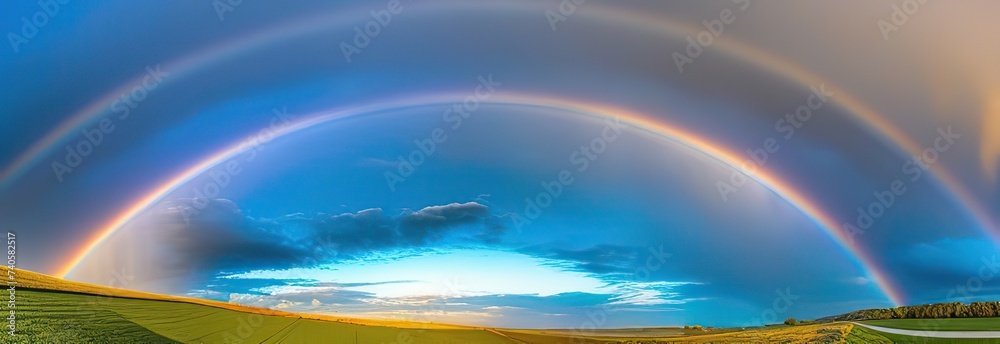 Rainbow over stormy sky. Rural landscape with rainbow over dark stormy sky in a countryside at summer day. banner.