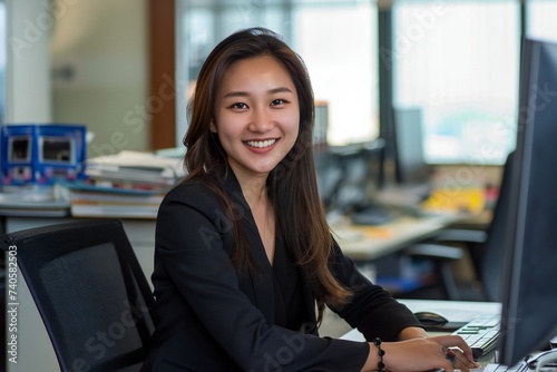 Portrait of young asian businesswoman inside office, boss in business suit smiling and looking at camera, experienced satisfied man at workplace at desk