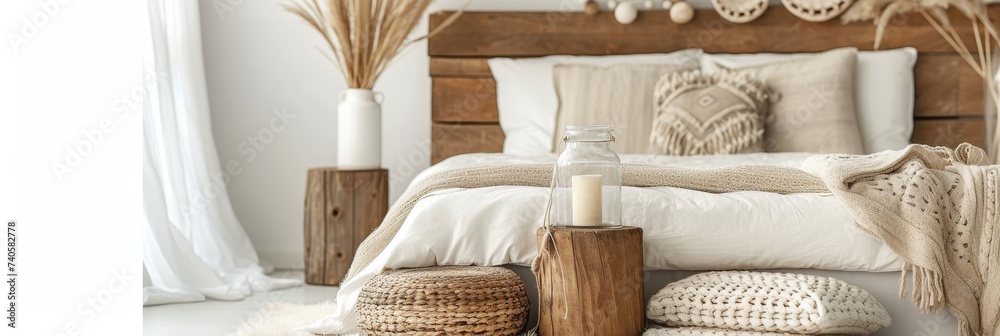 Cozy modern beige bedroom interior with bed headboard, linen bedding, and natural decorations Cozy modern beige bedroom interior with bed headboard, linen bedding, and natural decorations