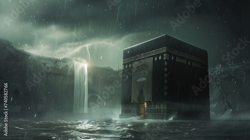 moment of stillness and reflection is captured as water surrounds the Kaaba, with dark clouds indicating an approaching or receding storm photo