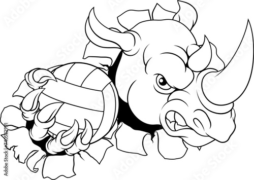 A rhino rhinoceros volleyball animal sports mascot holding a volley ball in his claw photo