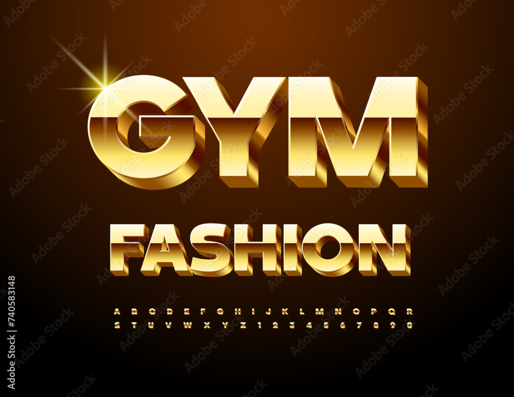 Vector chic emblem Gym Fashion. 3D glossy Font. Elegant Gold set of Alphabet Letters and Numbers. Vector chic emblem Gym Fashion. 3D glossy Font. Elegant Gold set of Alphabet Letters and Numbers.