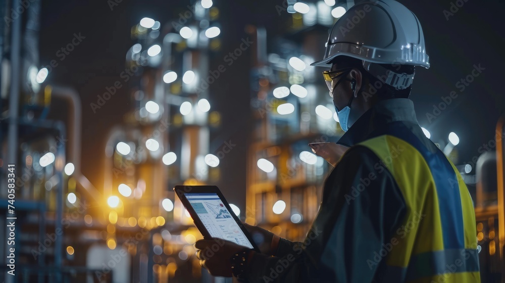 Engineer Using Tablet for Analytics in Industrial Plant at Night
