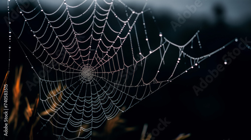 Dewdrops glistening on spiderweb at dawn © thodonal