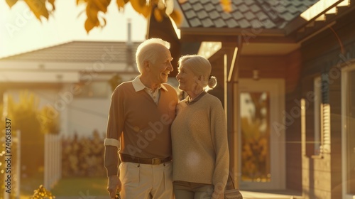 Elderly Couple Smiling Together Outside Their Home in Sunset Light