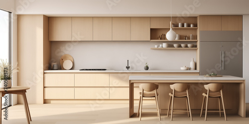 Modern minimalist kitchen interior with natural wood finish