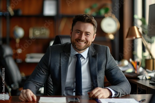 Portrait of young irish businessman inside office, boss in business suit smiling and looking at camera, experienced satisfied man at workplace at desk