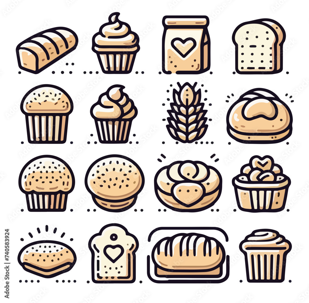 bread icons Set vector Rye whole grain wheat pretzel muffin pita ...