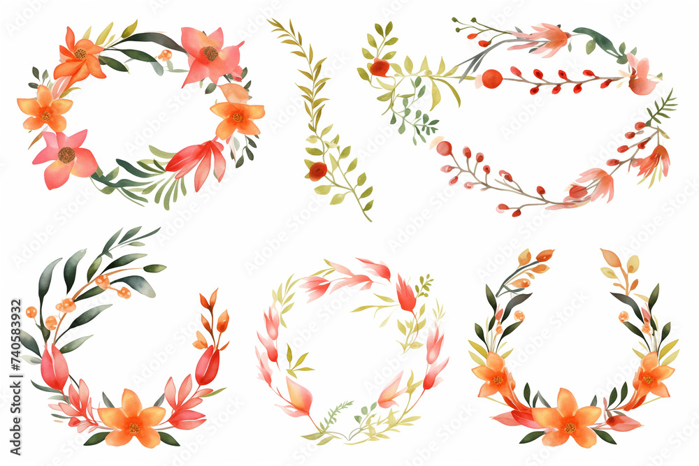 Fototapeta premium Watercolor Floral Collection: A collection of vibrant watercolor floral elements, showcasing intricate details and soft hues, perfect for adding a touch of natural elegance and charm to designs.