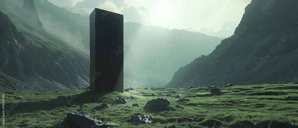 A surreal mystical black stone or a giant sculpture in a valley among the mountains in a minimalist style. A ceremonial or religious or mysterious place - obrazy, fototapety, plakaty 