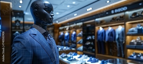 Wallpaper Mural Stylish monochrome men s blue suit on mannequin in modern boutique with space for text placement Torontodigital.ca