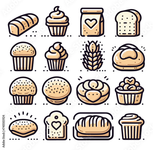 bread icons Set vector  Rye whole grain wheat pretzel muffin pita  ciabatta croissant bagel toast bread french baguette bakery.