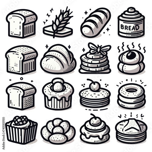 bread icons Set vector  Rye whole grain wheat pretzel muffin pita  ciabatta croissant bagel toast bread french baguette bakery.