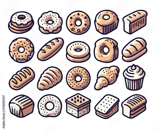 bread icons Set vector  Rye whole grain wheat pretzel muffin pita  ciabatta croissant bagel toast bread french baguette bakery.