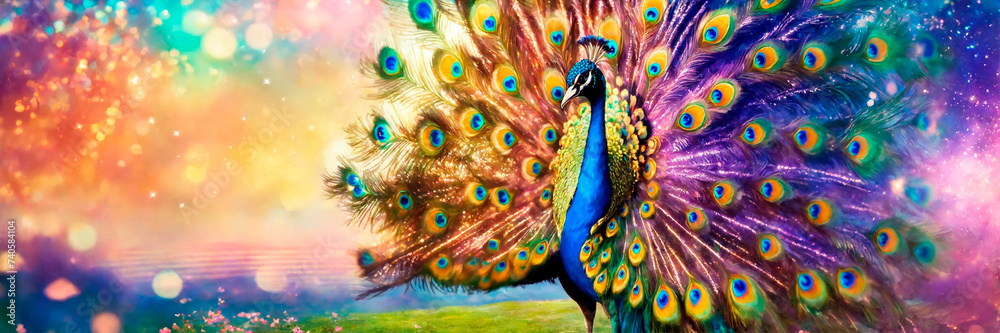 portrait of a peacock with a beautiful tail. Selective focus. - obrazy, fototapety, plakaty 