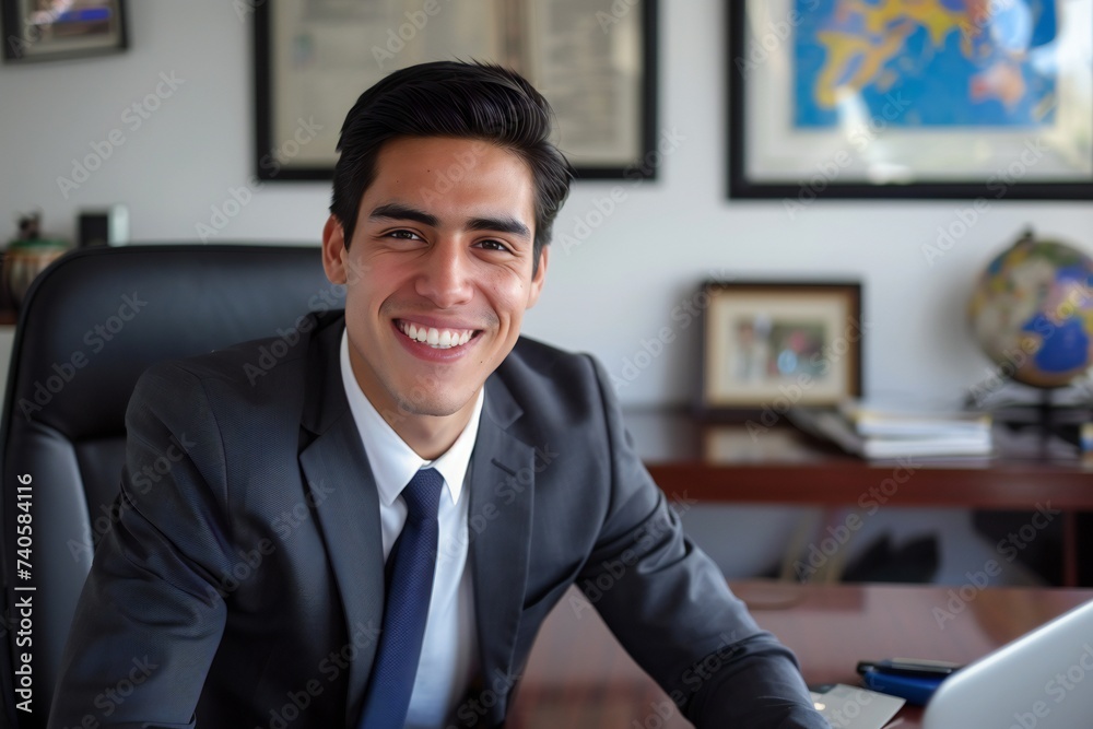 Portrait of young hispanic businessman inside office, boss in business suit smiling and looking at camera, experienced satisfied man at workplace at desk