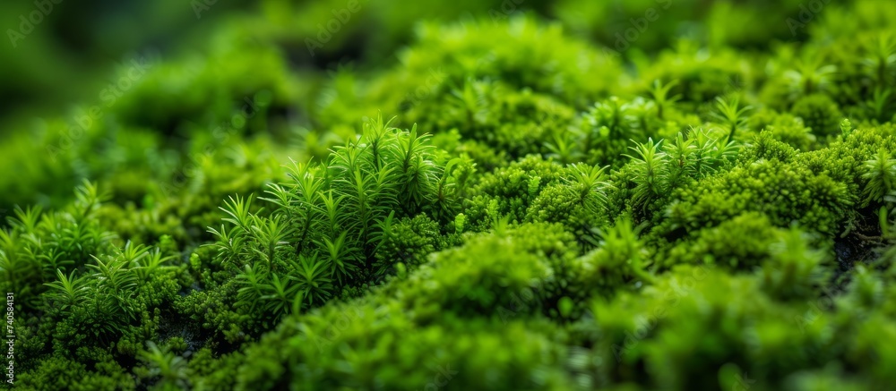 Macro photography of lush green moss in the forest, detailed close-up of vibrant moss on a tree trunk
